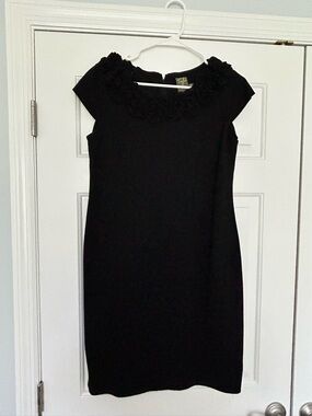 Taylor: Women's Black Cap-Sleeve Dress with Floral Neckline